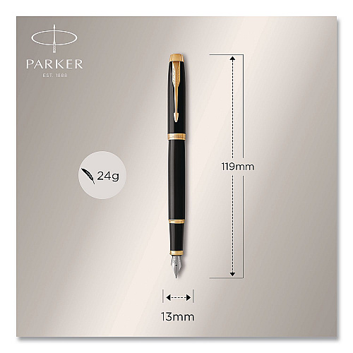Parker IM Fountain Pen with Gift Box, Medium Fountain Nib, Blue Ink, Black Lacquer/Gold Barrel (1931645)
