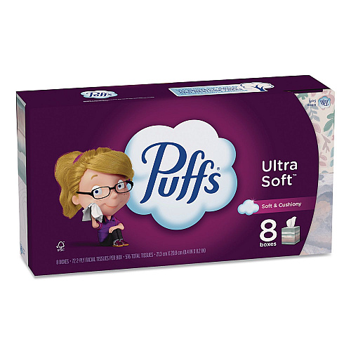 Puffs Ultra Soft Facial Tissue, 2-Ply, White, 72 Sheets/Box, 8 Boxes/Pack (61971)