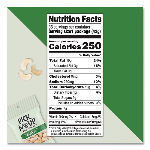 Pick Me Up Provisions Roasted and Salted Cashews, 1.5 oz Pouch, 36/Box (PM62981)