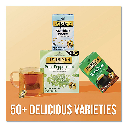 TWININGS Tea Bags, Pure Peppermint, 0.07 oz Tea Bag, 50/Box (TNA53650)
