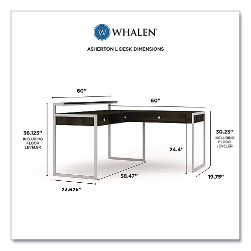 Whalen Asherton L-Shaped Corner Desk, 60" x 60" x 35.88" (Left) and 30" (Right), Fawn Aged Oak/Titanium (SPUSASHD)