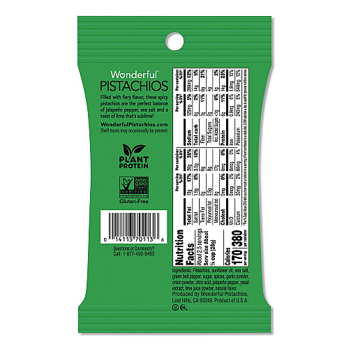 Paramount Farms Wonderful Pistachios, Jalapeno Lime, 2.25 oz Pouch, 8/Box (PAR70154)