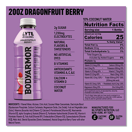 BodyArmor LYTE Sports Drink, Dragonfruit Berry, 16 oz Bottle, 12/Pack (411891)