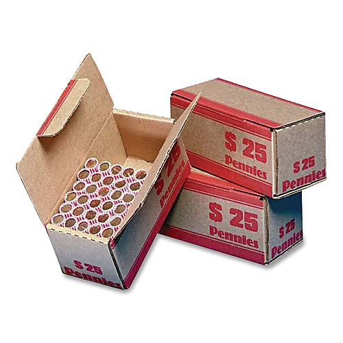 CONTROLTEK Pennies Coin Box, Accommodates $25 in Pennies, 15.5" x 19.25" x 4.5", Red/Kraft, 50/Pack (560059)