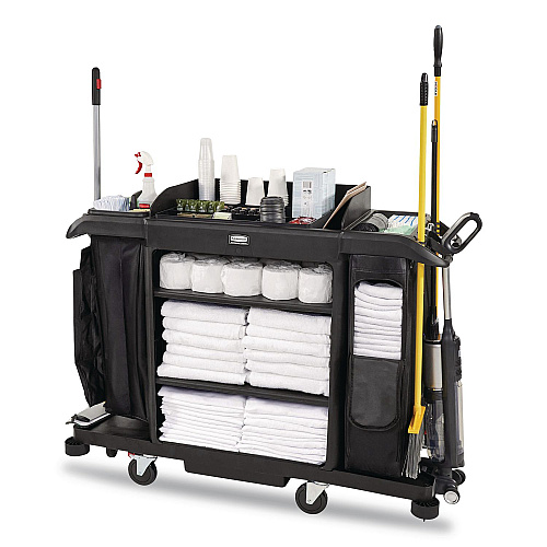 Rubbermaid Commercial Full Size Housekeeping Cart with Accessory Bundle, Resin, 3 Shelves, 2 Bins, 24.4 x 62.4 x 49, Black (2202527)