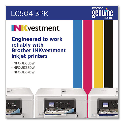 Brother LC504 INKvestment Ink, 500 Page-Yield, Cyan/Magenta/Yellow, 3/Pack (LC5043PKS)