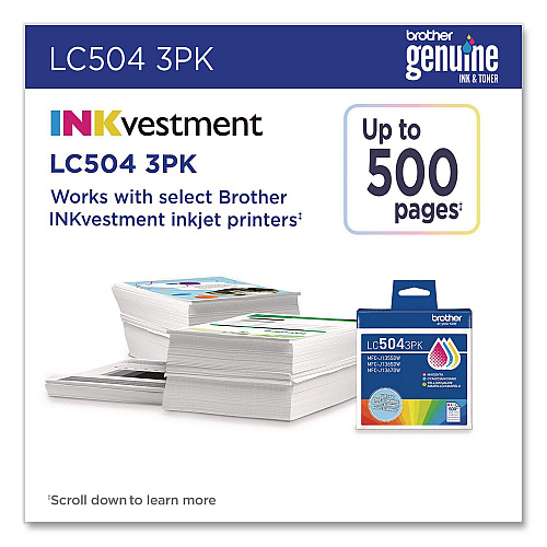 Brother LC504 INKvestment Ink, 500 Page-Yield, Cyan/Magenta/Yellow, 3/Pack (LC5043PKS)