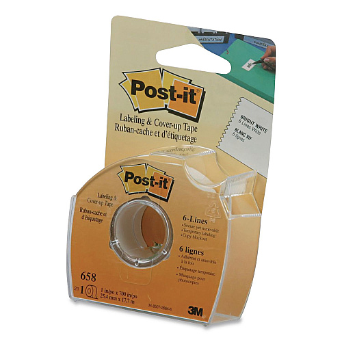 Post-it Labeling and Cover-Up Tape, Non-Refillable, 1" x 19.44 yd, White Tape, Clear Dispenser, 24/Carton (658CASE)