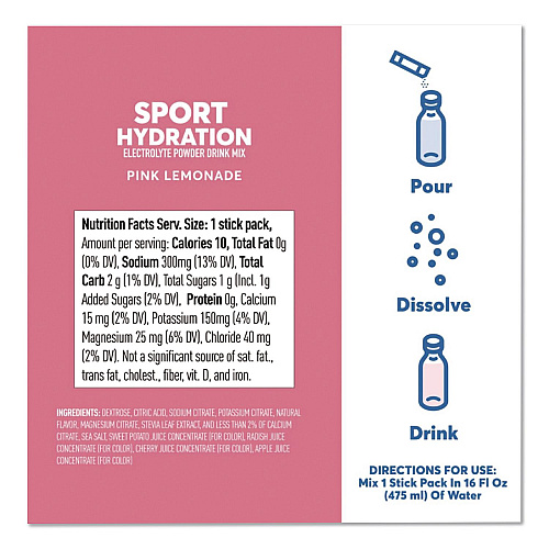 nuun Sport Hydration Electrolyte Powder Drink Mix, Pink Lemonade, 0.17 oz Stick, 10/Box (02392)