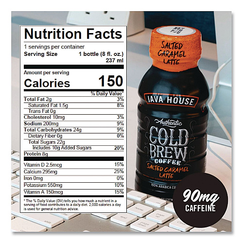 Java House Cold Brew Coffee, Salted Caramel Latte, 8 oz Bottle, 12/Carton (HFP01804)