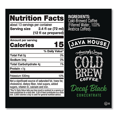 Java House Cold Brew Coffee Concentrate, Decaf Black, 32 oz Bottle (HFP01809)