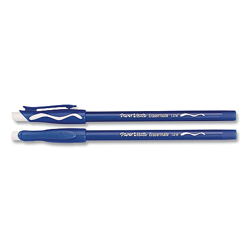 Paper Mate Eraser Mate Ballpoint Pen, Stick, Medium 1 mm, Blue Ink, Blue Barrel, Dozen (3910158)