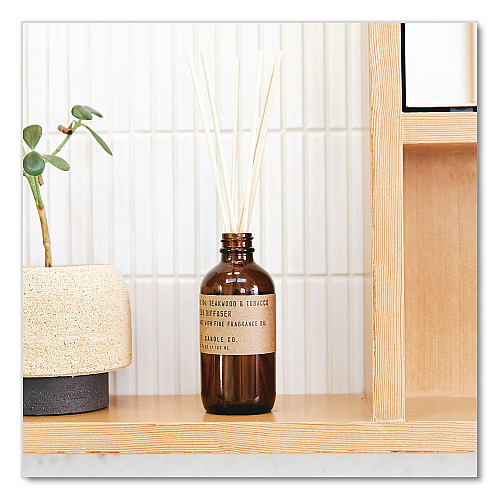 P.F. Candle Co. Reed Diffuser, Teakwood and Tobacco, 3.5 oz, 4.25" Bottle, 9" Reeds, Amber (RD4)