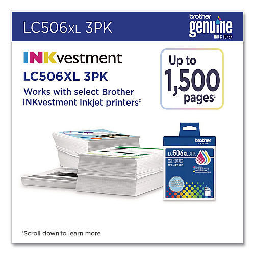 Brother LC506 INKvestment, High-Yield Ink, 1,500 Page-Yield, Cyan/Magenta/Yellow (LC506XL3PKS)