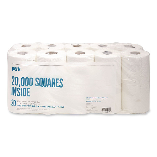 Perk Septic Safe Toilet Paper, 1-Ply, White, 1,000 Sheets/Roll, 20 Rolls/Pack (24388712)
