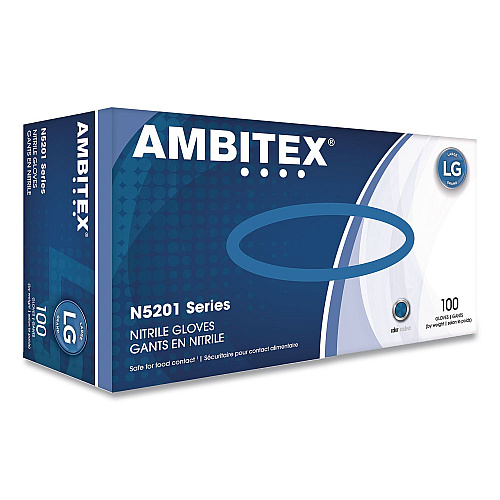 AMBITEX N5201 Series Powder-Free Nitrile Gloves, Large, 9" Long, Blue, 100/Box, 10 Boxes/Carton (NLG5201CT)