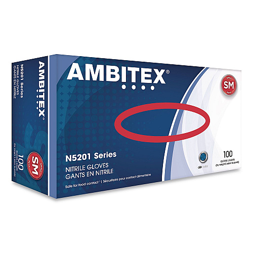 AMBITEX N5201 Series Powder-Free Nitrile Gloves, Small, 9" Long, Blue, 100/Box, 10 Boxes/Carton (NSM5201CT)