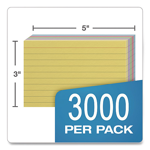 Oxford Ruled Index Cards, 3 x 5, Assorted Colors, 3,000/Carton (40280CT)