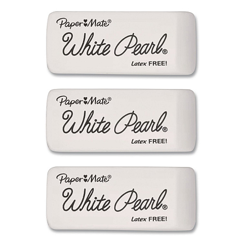 Paper Mate White Pearl Latex-Free Plastic Eraser, For Pencil Marks, Rectangular Block, White, 3/Pack (70624)