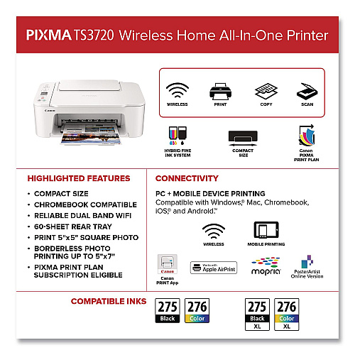 Canon PIXMA TS3720 Inkjet Printer, Copy/Print/Scan (6671C022)
