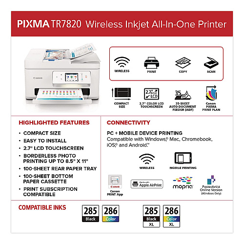 Canon PIXMA TR7820 Inkjet Printer, Copy/Print/Scan (6258C002)