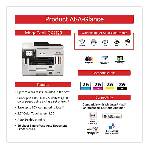 Canon MegaTank GX7120 All-in-One Printer, Copy/Fax/Print/Scan (6880C002)