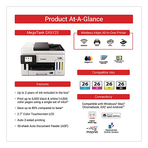 Canon MegaTank GX6120 All-in-One Printer, Copy/Print/Scan (6882C002)