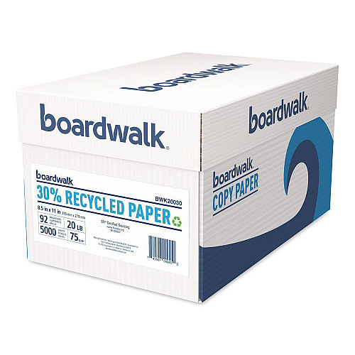 Boardwalk 30% Recycled Copy Paper, 92 Bright, 20 lb Bond Weight, 8.5 x 11, White, 500 Sheets/Ream, 10 Reams/Carton (20030)
