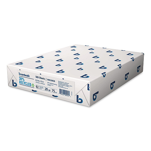 Boardwalk 30% Recycled Copy Paper, 92 Bright, 20 lb Bond Weight, 8.5 x 11, White, 500 Sheets/Ream, 10 Reams/Carton (20030)