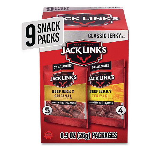 Jack Links Beef Jerky Variety Pack, Original/Teriyaki, 8.1 oz Bag, 9/Carton (22002688)