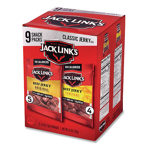 Jack Links Beef Jerky Variety Pack, Original/Teriyaki, 8.1 oz Bag, 9/Carton (22002688)