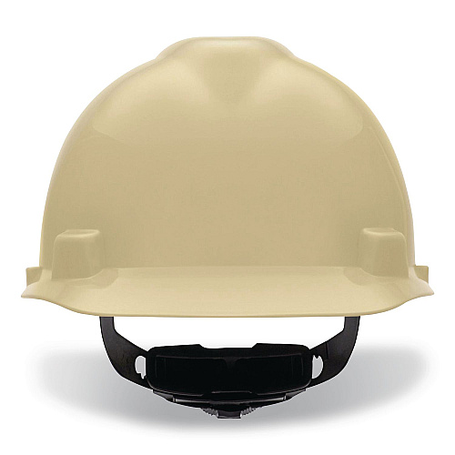 MSA V-Gard Hard Hats, Vented, Front Brim, Fas-Trac III Ratchet Suspension, One Size Fits Most (6.5 to 8), Light Buff (495856)