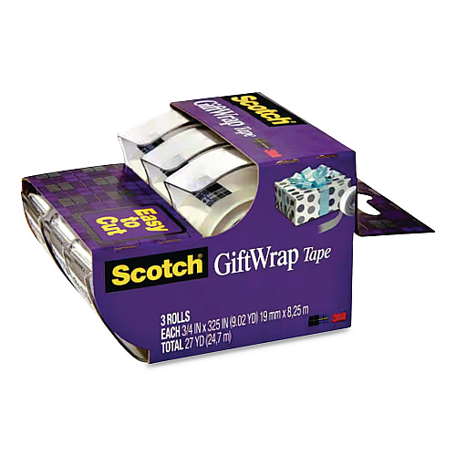 Scotch Gift Wrap Tape with Dispenser, 1" Core, 0.75" x 300", Transparent, 3/Pack (7000048114)