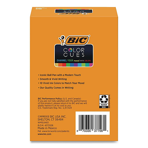 BIC Color Cues Cristal Xtra Smooth Ballpoint Pen, Stick, Medium 1.2 mm, Assorted Ink and Barrel Colors, 10/Box (WMSUA10AST)