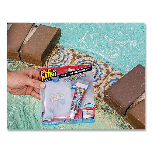 Flex Seal Pool Patch and Repair Kit, Flex Glue Mini Clear 0.6 oz Tube and (2) Flex Tape Mini Clear Patches 3" x 4", 12/Carton (POOLKITMINI)
