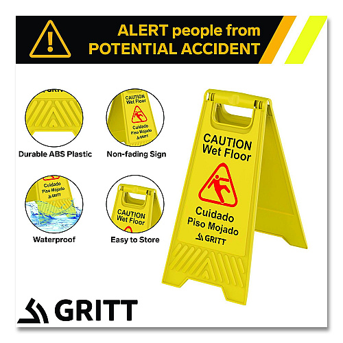 Gritt Commercial Caution Wet Floor Sign, 11.8 x 12 x 24, Yellow, 3/Pack (GRI184YEL3PK)