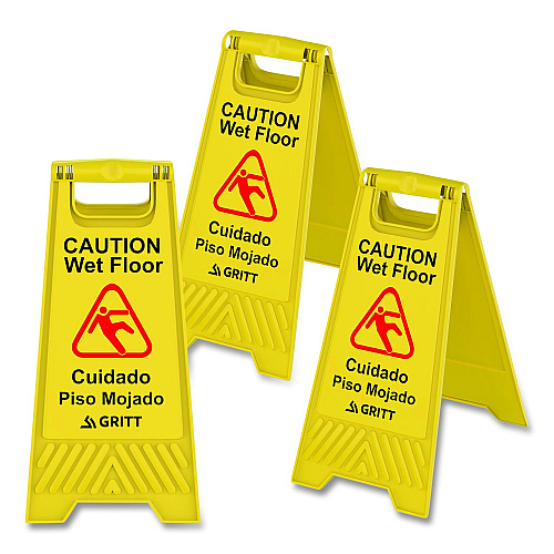 Gritt Commercial Caution Wet Floor Sign, 11.8 x 12 x 24, Yellow, 3/Pack (GRI184YEL3PK)