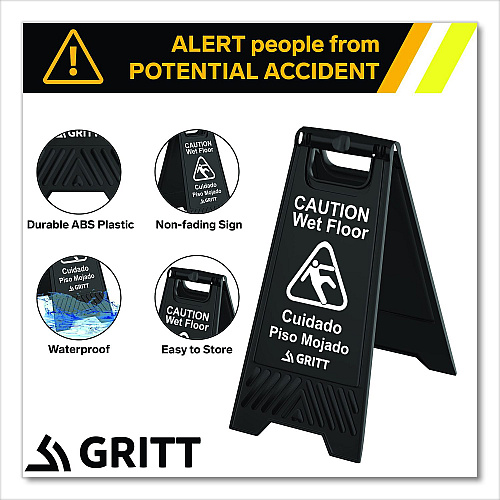 Gritt Commercial Caution Wet Floor Sign, 11.8 x 12 x 24, Black, 3/Pack (GRI184BLK3PK)