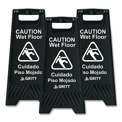 Gritt Commercial Caution Wet Floor Sign, 11.8 x 12 x 24, Black, 3/Pack (GRI184BLK3PK)