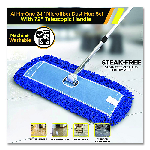 Gritt Commercial All-In-One 24" Microfiber Dust Mop Set with Telescopic Handle, 24 x 5, Blue, Microfiber Head, 72" Silver Aluminum Handle (GRI17424T)
