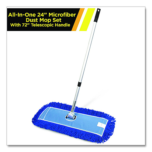 Gritt Commercial All-In-One 24" Microfiber Dust Mop Set with Telescopic Handle, 24 x 5, Blue, Microfiber Head, 72" Silver Aluminum Handle (GRI17424T)