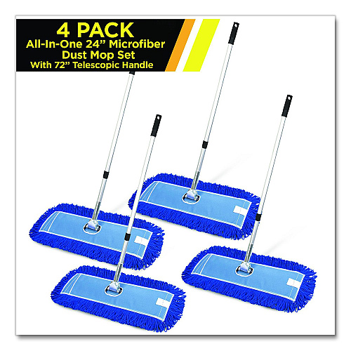 Gritt Commercial All-In-One 24" Microfiber Dust Mop Set With 72" Telescopic Handle, 24" x 5", Blue, Microfiber Head, 72" Silver Handle, 4 Kits (GRI17424T4PK)
