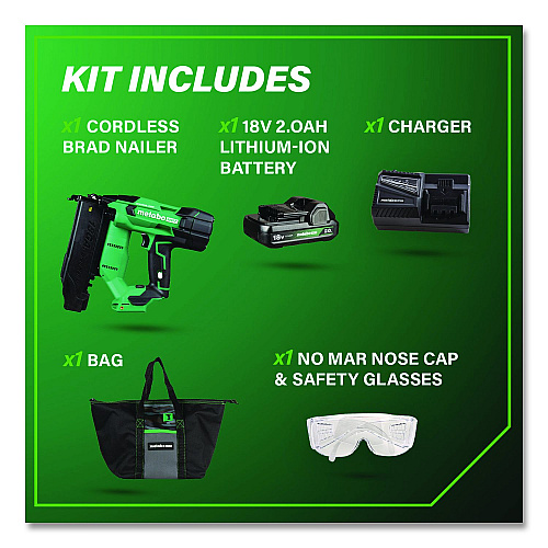 Metabo HPT 18V Brushless Lithium-Ion Compact 18 ga Cordless Brad Nailer Kit (2 Ah), 5/8" to 2" Nails, Green/Black (NT1850DFTM)