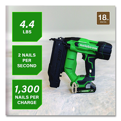 Metabo HPT 18V Brushless Lithium-Ion Compact 18 ga Cordless Brad Nailer Kit (2 Ah), 5/8" to 2" Nails, Green/Black (NT1850DFTM)