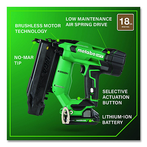 Metabo HPT 18V Brushless Lithium-Ion Compact 18 ga Cordless Brad Nailer Kit (2 Ah), 5/8" to 2" Nails, Green/Black (NT1850DFTM)