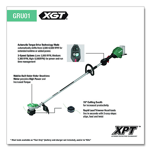 Makita 40V max XGT Lithium-Ion Brushless 15" Cordless String Trimmer Kit, (Reconditioned), 68.25" Length, Teal/Black/Silver (GRU01M1R)