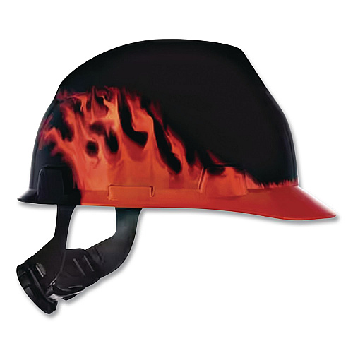 MSA V-Gard Hard Hats, Front Brim, Fas-Trac III Ratchet Suspension, One Size Fits Most (6.5 to 8), Black Fire (10092015)