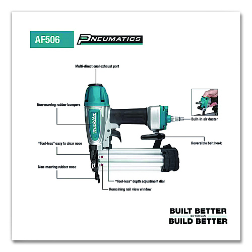 Makita 18 Gauge 2 in Pneumatic Brad Nailer (Reconditioned), 5/8" to 2", Silver/Black/Blue (AF506R)