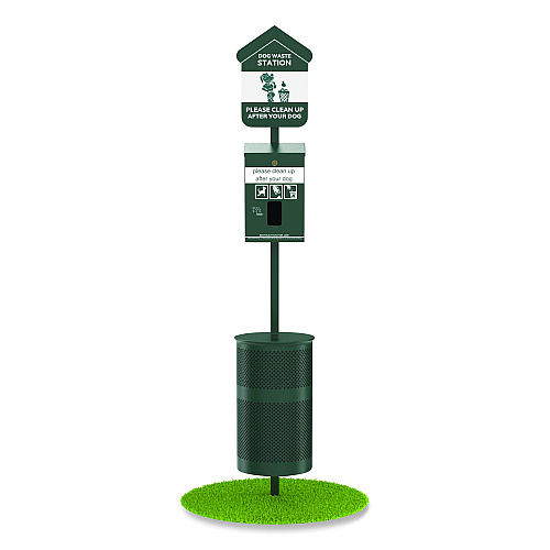 Furloo Pet Waste Station Kit with Header Bag Locking Dispenser, 11.5 Gallon Round Lidded Trash Can, Pole, and Glow-in-the-Dark Sign (FLO1HSG)
