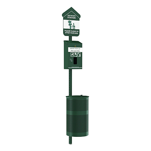 Furloo Pet Waste Station Kit with Header Bag Locking Dispenser, 11.5 Gallon Round Lidded Trash Can, Pole, and Glow-in-the-Dark Sign (FLO1HSG)
